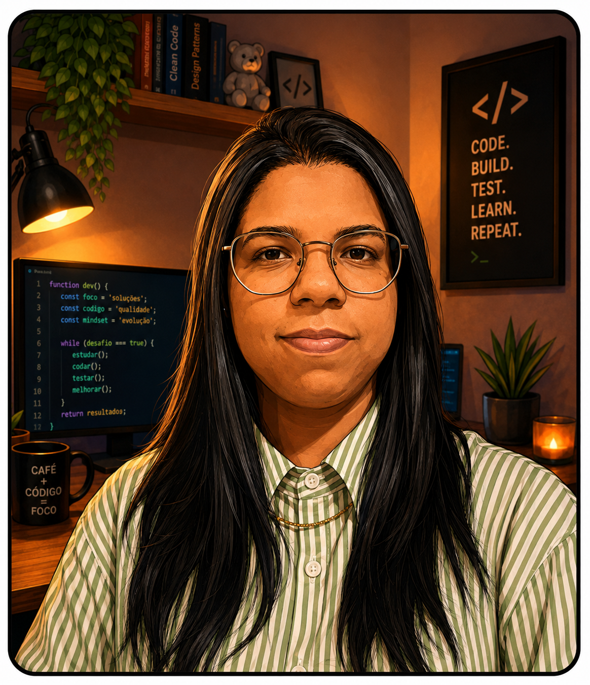 Retrato estilizado da desenvolvedora Malu em ambiente de programação
